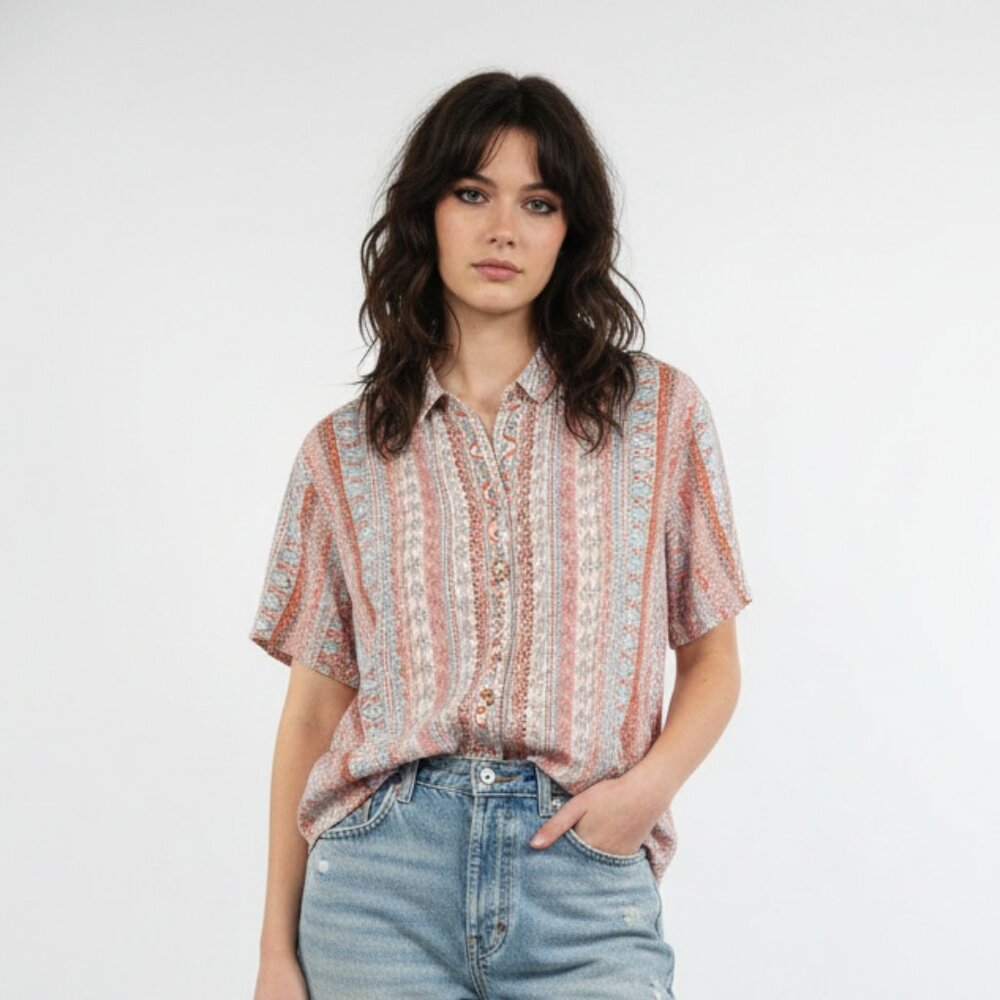 Rachel Zoe Blouse Pink Gray Indie Grunge Casual Linen M